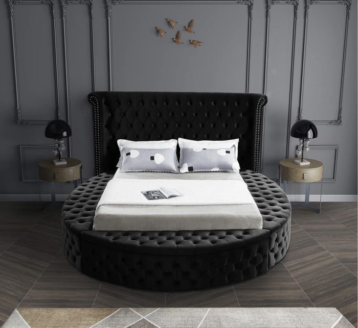 Alora Round Platform Bed with Storage Black Queen or King Husky Furniture