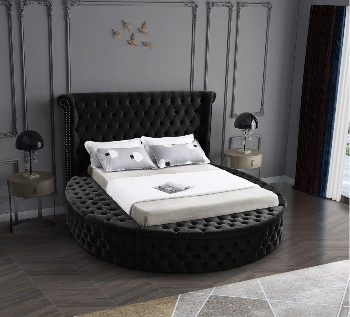 Alora Round Platform Bed with Storage Black Queen or King Husky Furniture