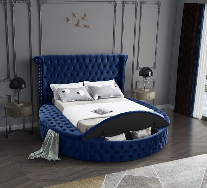 Alora Round Platform Bed with Storage Blue Queen or King Husky Furniture