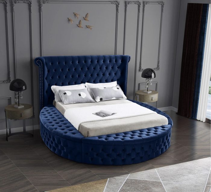 Alora Round Platform Bed with Storage Blue Queen or King Husky Furniture