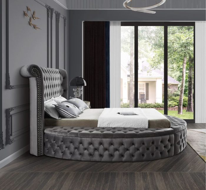 Alora Round Platform Bed with Storage Grey Queen or King