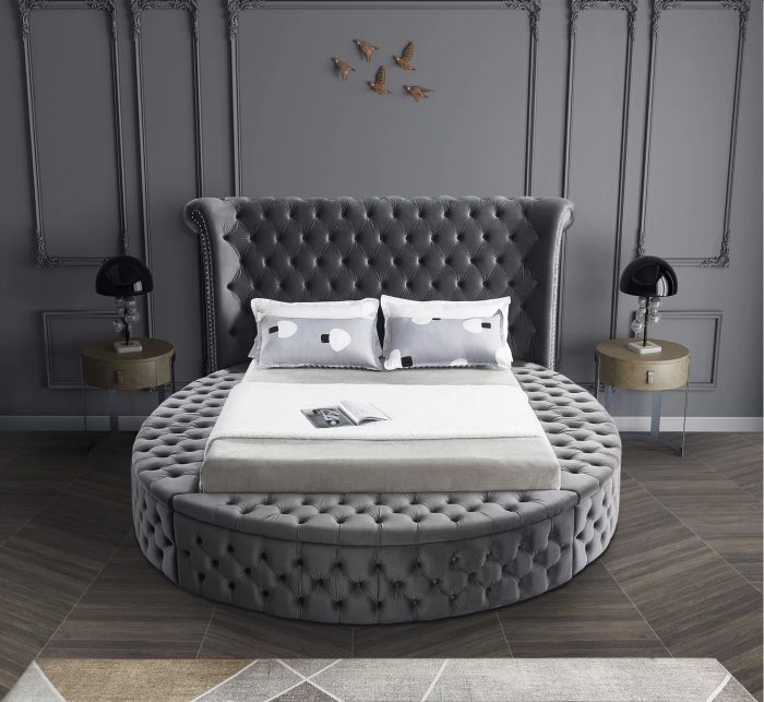 Alora Round Platform Bed with Storage Grey Queen or King