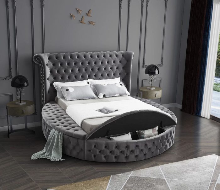 Alora Round Platform Bed with Storage Grey Queen or King