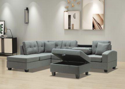 HS2300-Husky Furniture -Emma - Reversible Sectional -Sofa with Storage ottoman- Gray LH