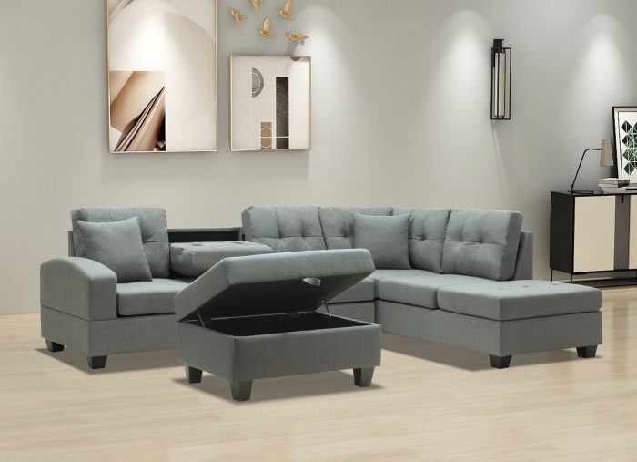 HS2300-Husky Furniture -Emma - Reversible Sectional -Sofa with Storage ottoman- Gray LH